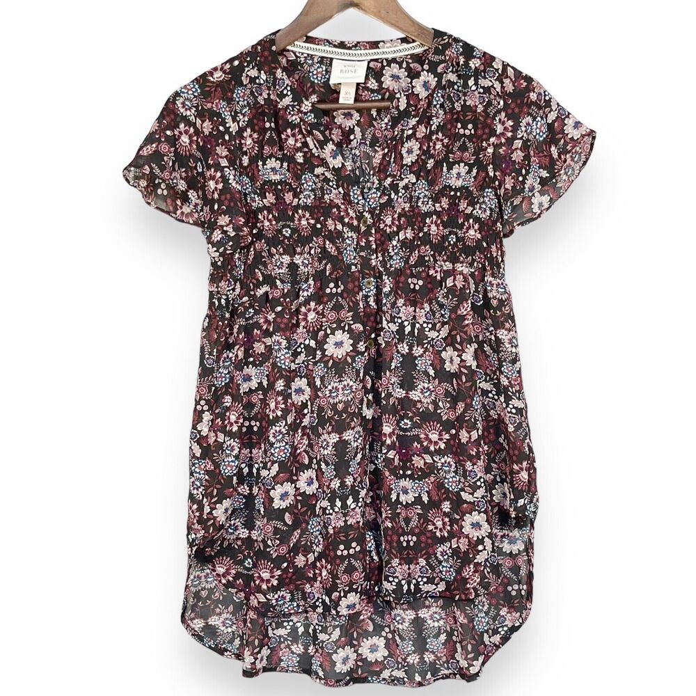 Knox Rose Sheer Blouse Women Size XS Multicolor Floral Smocked Button Front